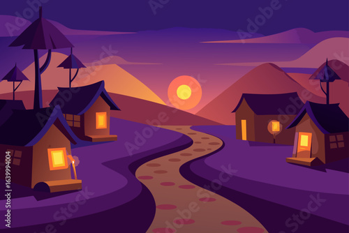 A haunted house silhouette stands on a hill against a dark, winter sky with a bright moon and bare trees