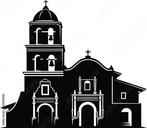 Hispanic heritage month usa silhouette vector art of historic spanish mission isolated on white background, a testament to californias rich cultural heritage and architectural legacy eps