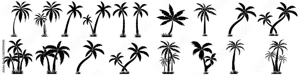Obraz premium Coconut palm tree vector icon set. Palm Tree illustration sign collection. Palm symbol or logo.