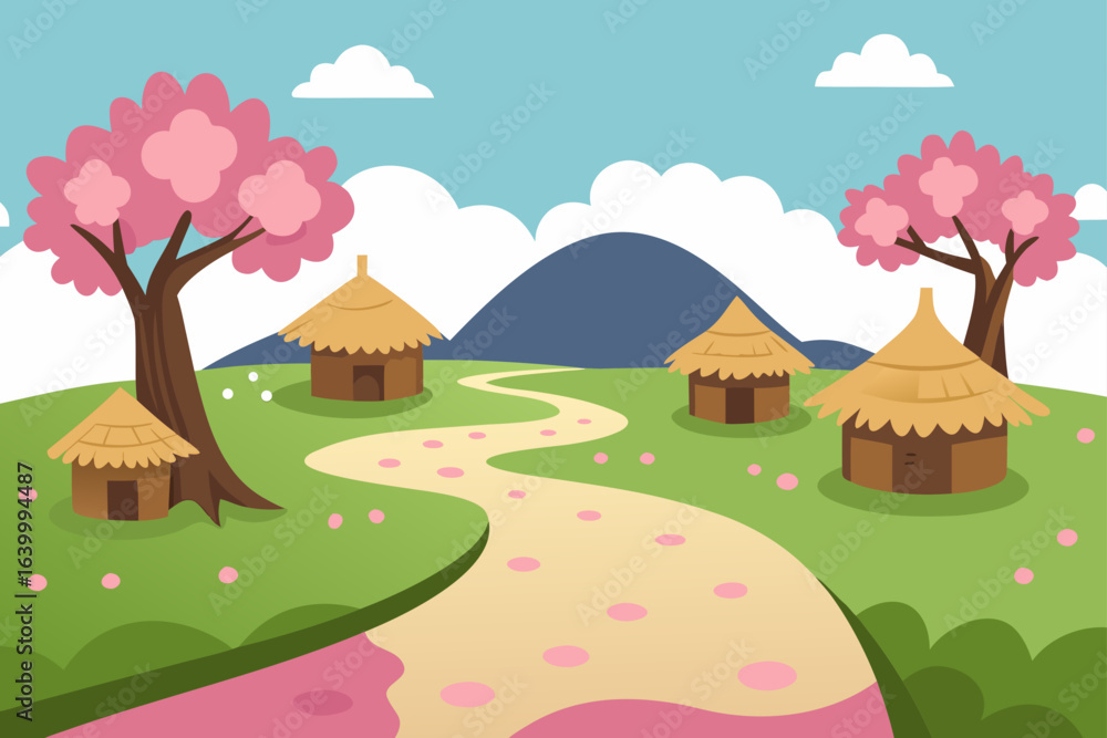 Fototapeta premium A colorful cartoon illustration of a peaceful rural countryside landscape with a small house and trees under a bright summer sky