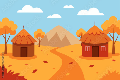 Vector illustration of an autumn landscape with a house and trees in a village