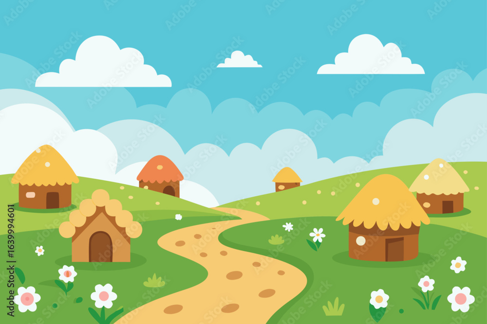 Fototapeta premium A beautiful rural landscape illustration with houses, trees, and fields under a bright summer sky
