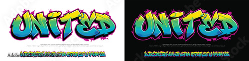 United logo graffiti font text effect, spray and street text style	
