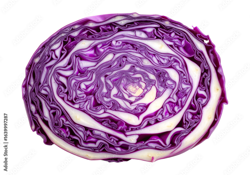 Obraz premium Vibrant red cabbage halved showing intricate layers and texture isolated on transparent background