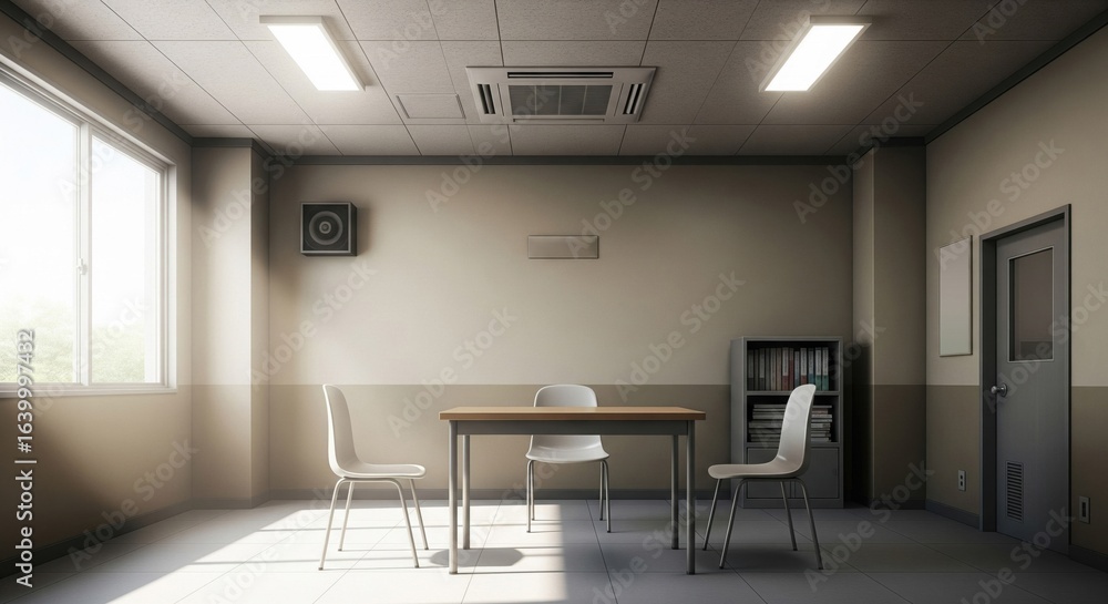 Fototapeta premium A desolate retro anime police precinct interrogation room, stark and silent, awaiting a suspect.