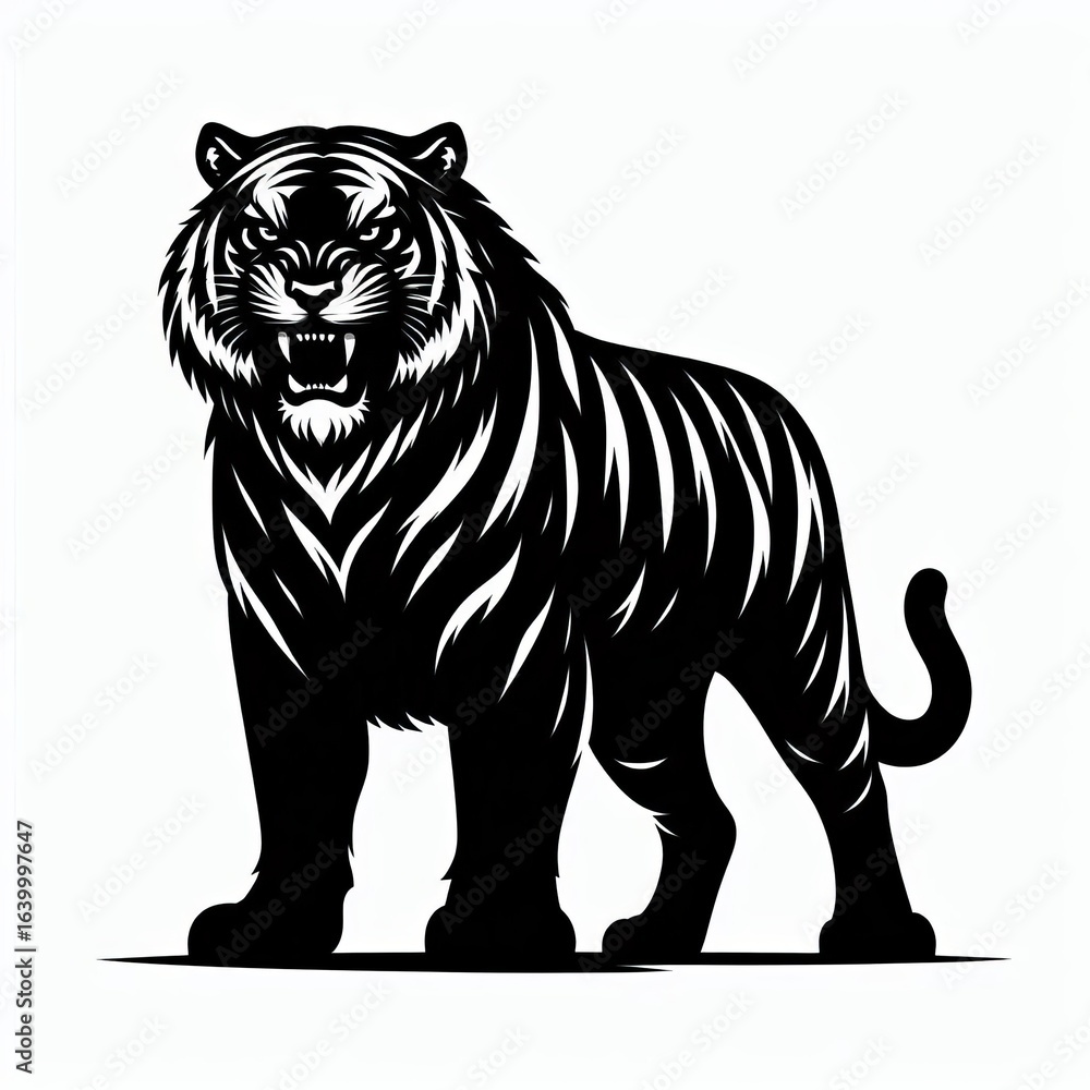 Fototapeta premium Fierce black and white tiger standing proudly