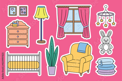 Cartoon Color Baby Cot Room Interior Element Sticker Set in Flat Design Style, Vector Illustration Featuring Nursery Furniture, Toys, Badges, and Decorative Baby Room Icons