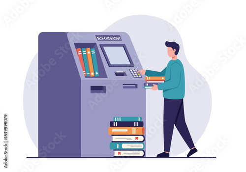 A young man uses a self-checkout machine to borrow books, showcasing modern automation technology in a public library system.