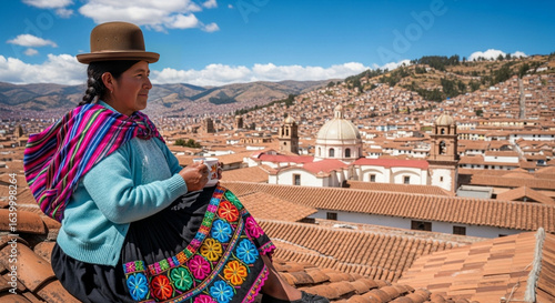 Bolivian Senior Woman Enjoying Traditional Tea on a Rooftop	