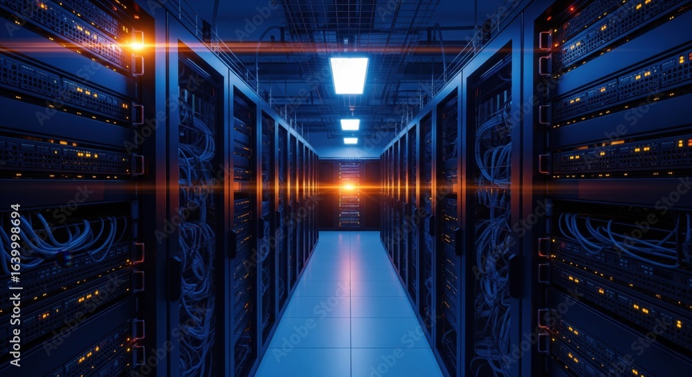 Fototapeta premium Row of network servers with glowing led lights