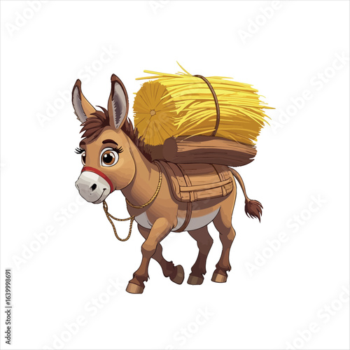 Vector art of cartoon illustration of a cute donkey carrying hay