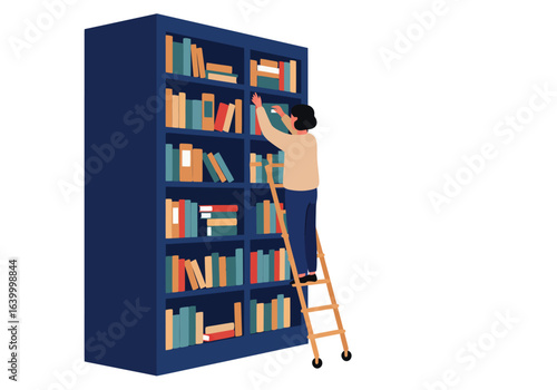 Vector illustration of a woman on a ladder choosing a book from a large blue bookcase in a personal or public library collection
