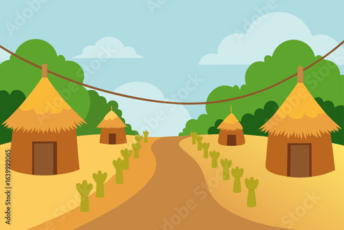 A charming rural village with homes nestled in a mountainous landscape of green hills and trees under a bright summer sky