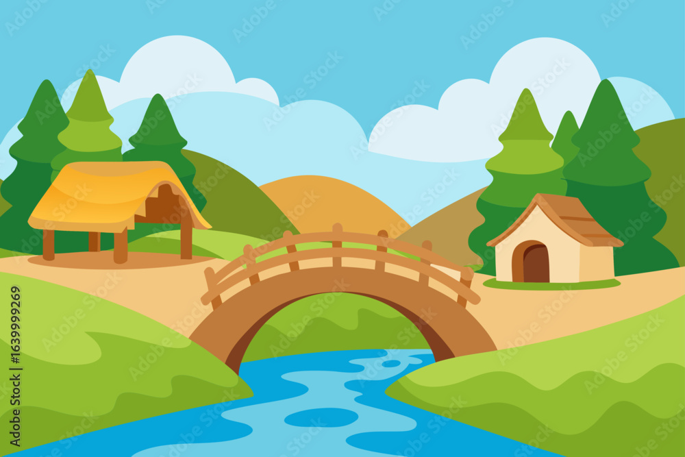 Fototapeta premium A charming summer landscape vector illustration of a house on a green hill with a blue sky