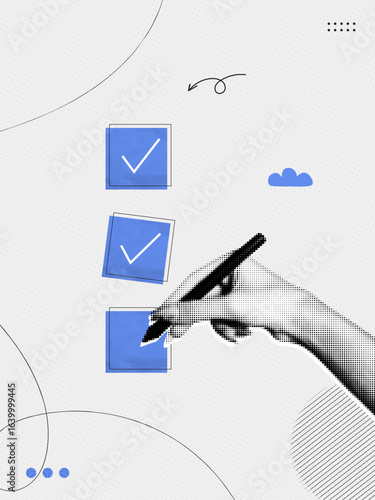 Trendy Halftone Collage Hand with pen and check list. Questionnaire concept. Survey form. Management to do list with tick. Organized task processing. Project plan. Contemporary vector illustration art