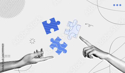 Trendy Halftone Collage Two Hands with puzzle pieces. Teamwork concept. Business idea and solution. Partnership relationship. New startup. Career development. Contemporary vector illustration art