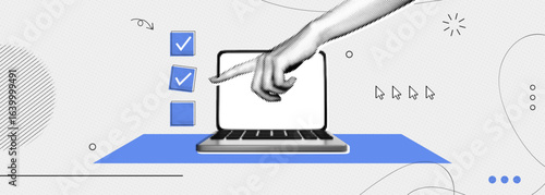 Trendy Halftone Collage business performance checklist. Computer laptop with hand and check list. Organized task processing. Project plan. Completed to do list. Contemporary vector illustration art