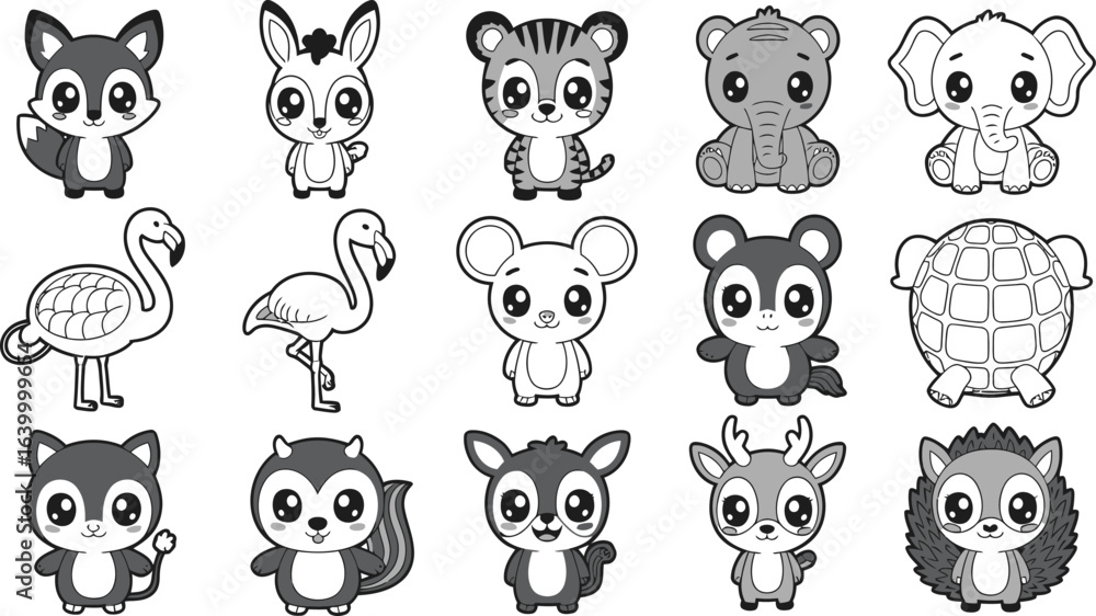 Obraz premium Collection of cute cartoon animals. A set of 15 black and white kawaii style illustrations.