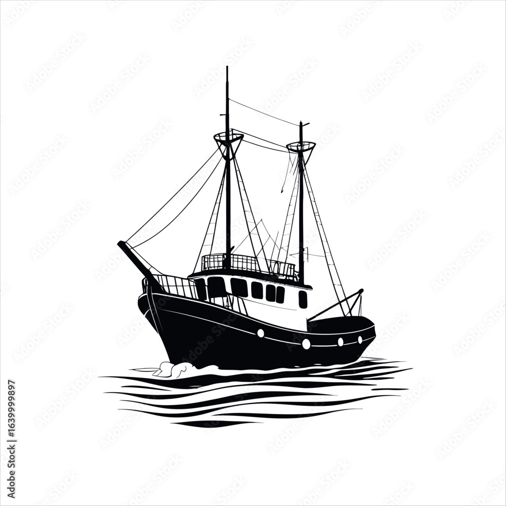 Naklejka premium Vector art of black and white illustration of a boat 