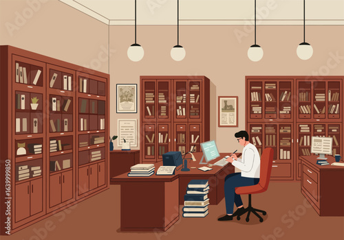 A focused man working on his computer at a desk in a classic, vintage-style library, surrounded by extensive wooden bookshelves.