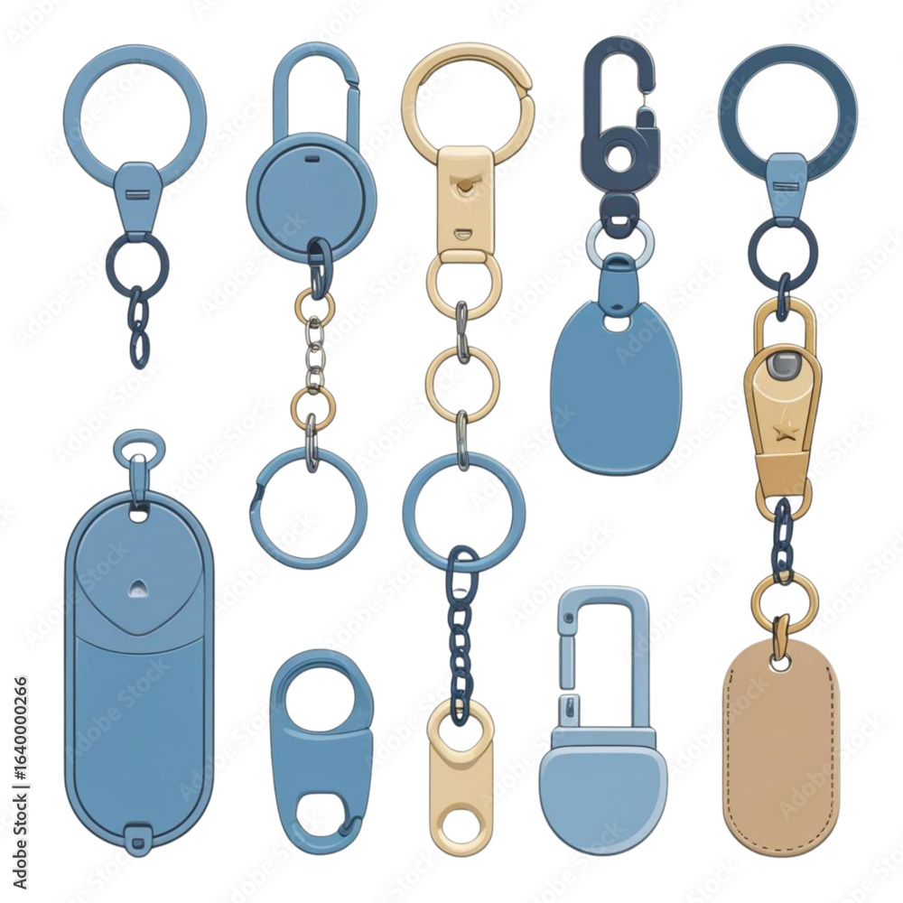 Collection of diverse modern keychains and accessories with metal and plastic elements Collection of diverse modern keychains and accessories with metal and plastic elements