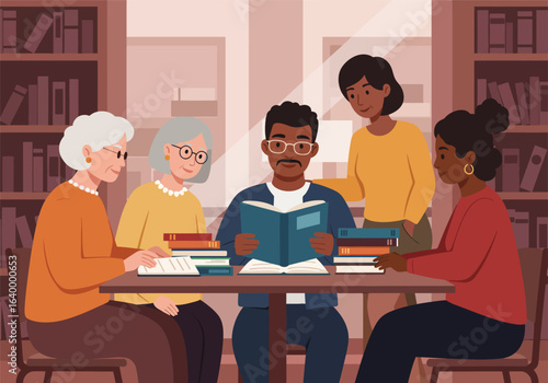 A diverse group of people enjoying a book club meeting in a cozy public library, fostering community and lifelong learning together.