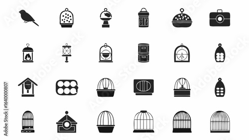 Illustration showing a variety of birdcages, lanterns, and other containers in a monochrome palette silhouette