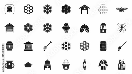 Illustration showing various beekeeping related icons including honeycombs and bee hives in black silhouette