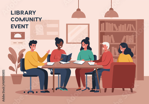 A diverse group of people at a community event in the local public library, engaging in a book club discussion and learning together.