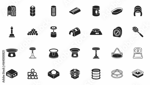 Collection of various black and white objects including pet supplies and geometric shapes icons silhouette