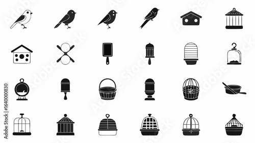 Illustration showing various birdcages birdhouses and birds in a monochrome black and white design style silhouette
