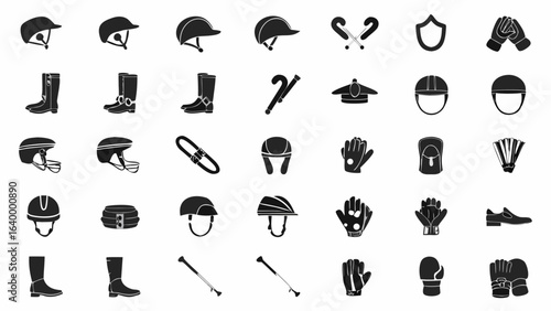 Collection of equestrian and sports equipment including helmets boots and protective gear in black silhouette