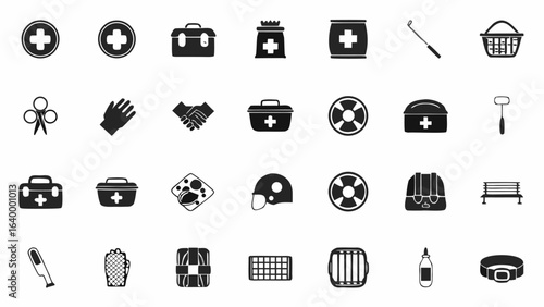 Illustration of various medical and safety related icons in a monochrome black and white graphic style silhouette