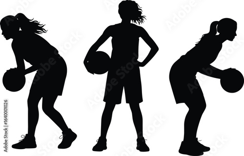 Silhouette of female basketball players holding ball, active sports women in different poses, isolated on white background, athletic movement