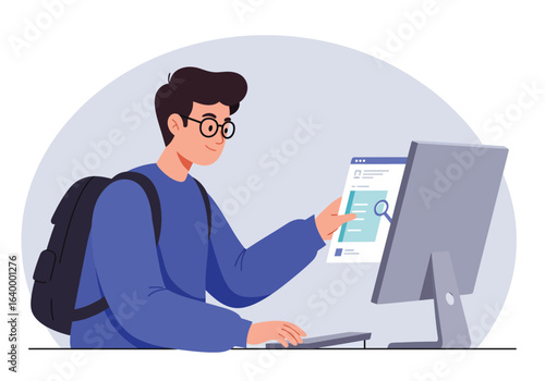 A focused college student uses a computer for e-learning, accessing a vast online university library for his research project.