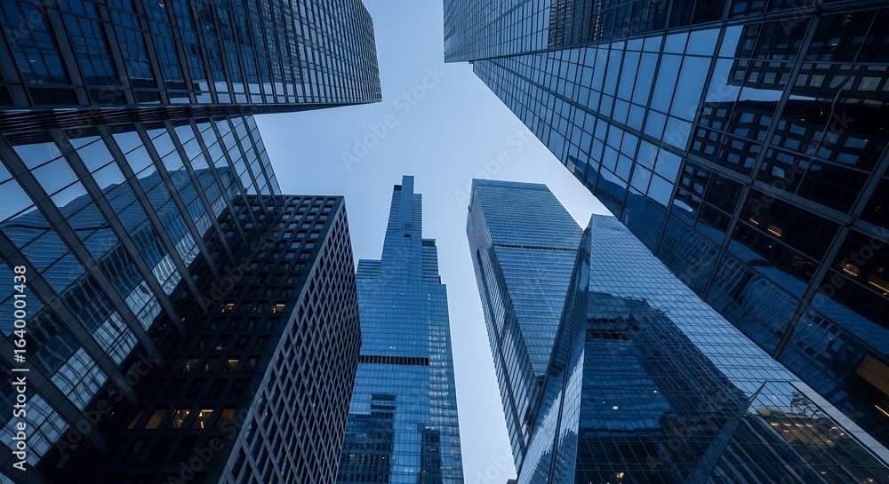 Fototapeta premium Stunning Low Angle View of Modern Skyscrapers in a Cityscape Architecture Photography for Business and Urban Design Inspiration