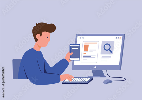 A young man uses his computer and smartphone for research, accessing a vast digital library for online education and information seeking.