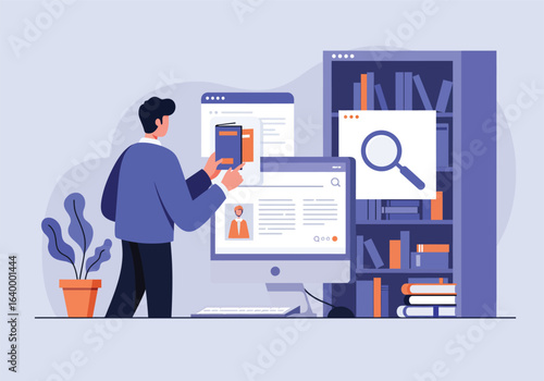 Businessman using a computer and smartphone to access a digital library, researching information with a search engine for knowledge management.