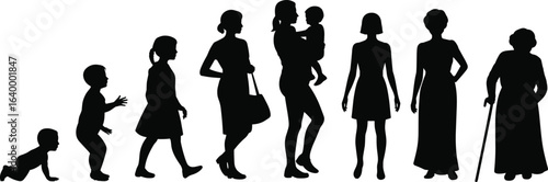 Silhouette of human life stages, from infant crawling, childhood, adulthood to elderly, depicting growth, development, aging process, human evolution