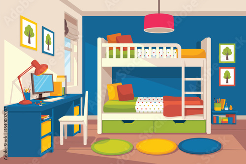 Clean Study and Sleep Room for Kids Vector Illustration Featuring Desk, Computer, Wall Art, Wardrobe, Bunk Bed, and Organized Interior Design Ideas for Children's Bedrooms

