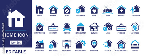 Editable Home icon set. Symbolizing house, property, real estate, and smart living.