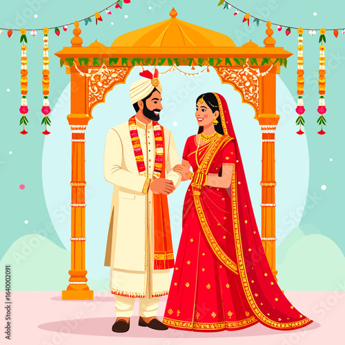 Smiling Indian couple in traditional wedding attire, the bride in a red lehenga and the groom in a cream sherwani.