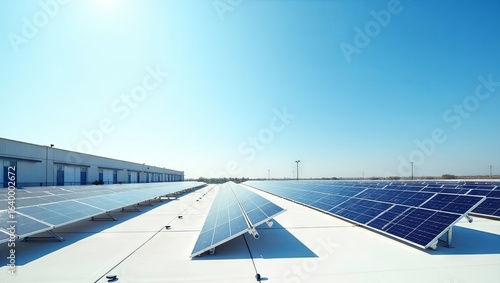Modern warehouse rooftop with solar panels arranged in neat pattern clear blue sky clean architecture minimal distractions bright natural light professional photo green energy business use