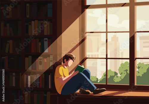 A young student finds a quiet, sunlit corner for reading on the windowsill of a city library, lost in a book