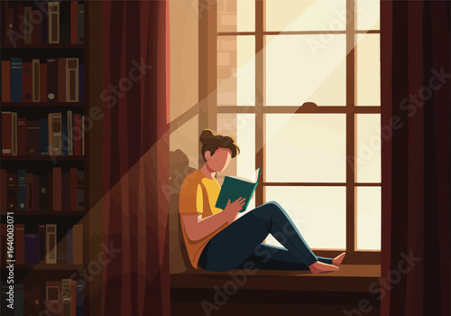 Finding a moment of quiet solitude and cozy comfort while reading a book on the windowsill of a sun-drenched personal library.