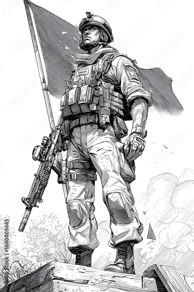Obraz premium Thai Soldier Standing Guard with Rifle, Sketch Style