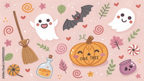 Charming Halloween pattern with cute ghosts smiling pumpkin happy bat and autumn elements on pink