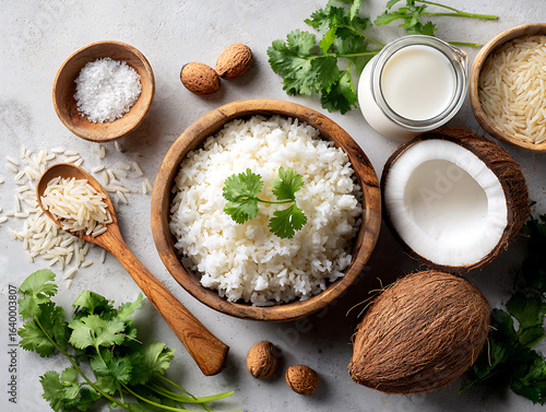 Overhead shot of coconut rice with fresh cilantro, almonds, and coconut flakes on a textured surface.