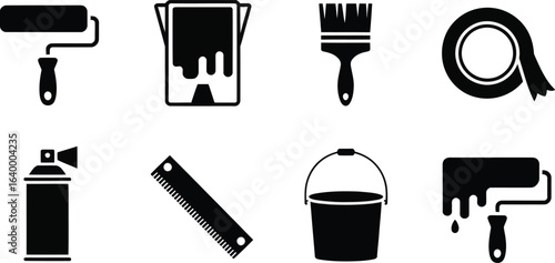 Painter tools and art supplies vector glyph icons. A set of symbols for house painting and interior design work.

