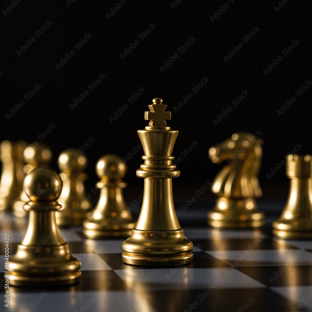 Golden King Chess Piece on a Chessboard with Other Pieces – Leadership, Strategy, and Business Success Golden King Chess Piece on a Chessboard with Other Pieces – Leadership, Strategy, and Business Success